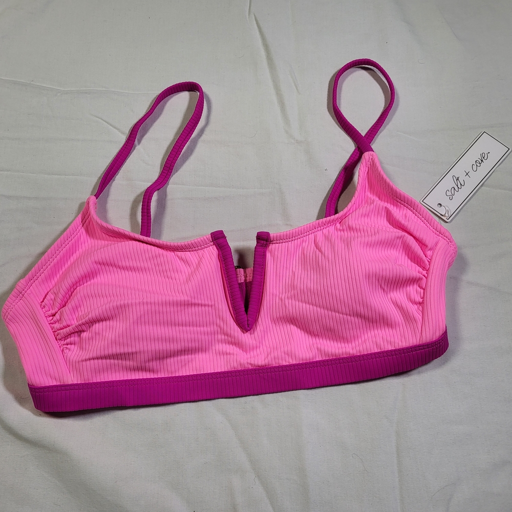 Salt + Cove Vibrant Pink Ribbed Swimsuit Swim Bikini Top Nwt Womens Size Medium